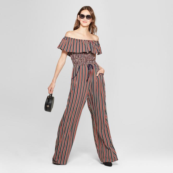 Women's Striped Off The Shoulder Flounce Top Jumpsuit - Xhilaration Navy (blue)
