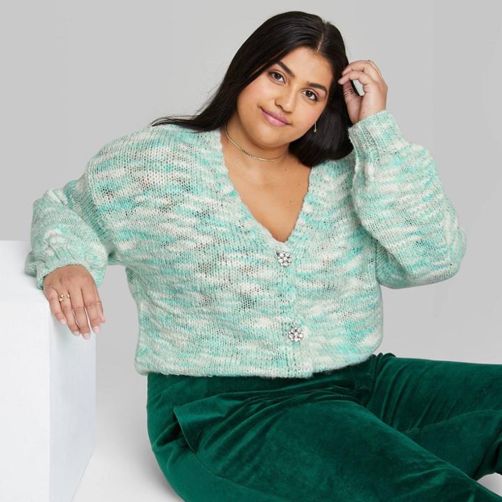 Women's Plus Size Button-front Cropped Cardigan - Wild Fable Mint Green