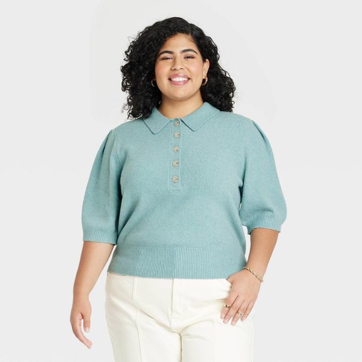Women's Plus Size Polo Sweater - A New Day Teal Blue