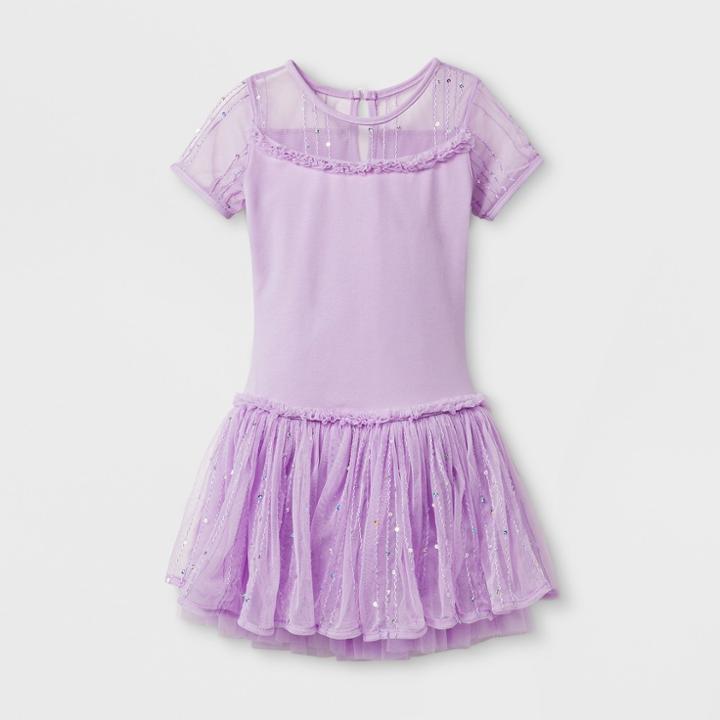 Danshuz Toddler Girls' Double Layer Skirt With Sequin Mesh Yoke Short Sleeve Activewear Dress - Lavender 4-6, Size:
