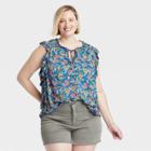 Women's Plus Size Flutter Short Sleeve Top - Knox Rose Teal Blue Floral