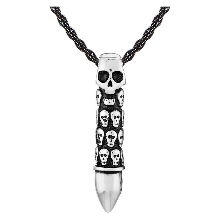 Men's Crucible Stainless Steel Skull Capsule Bullet Pendant Necklace - Silver/black (24),