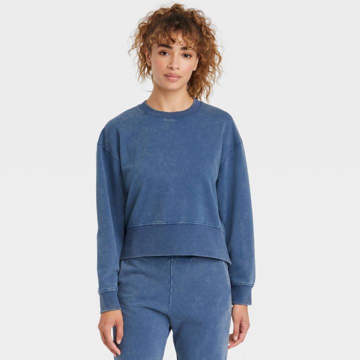 Women's French Terry Acid Wash Crewneck Pullover - Joylab Blue