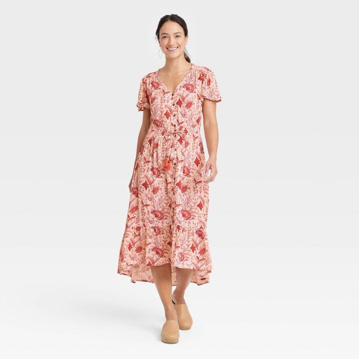 Women's Flutter Short Sleeve Smocked Detail Dress - Knox Rose Orange Floral