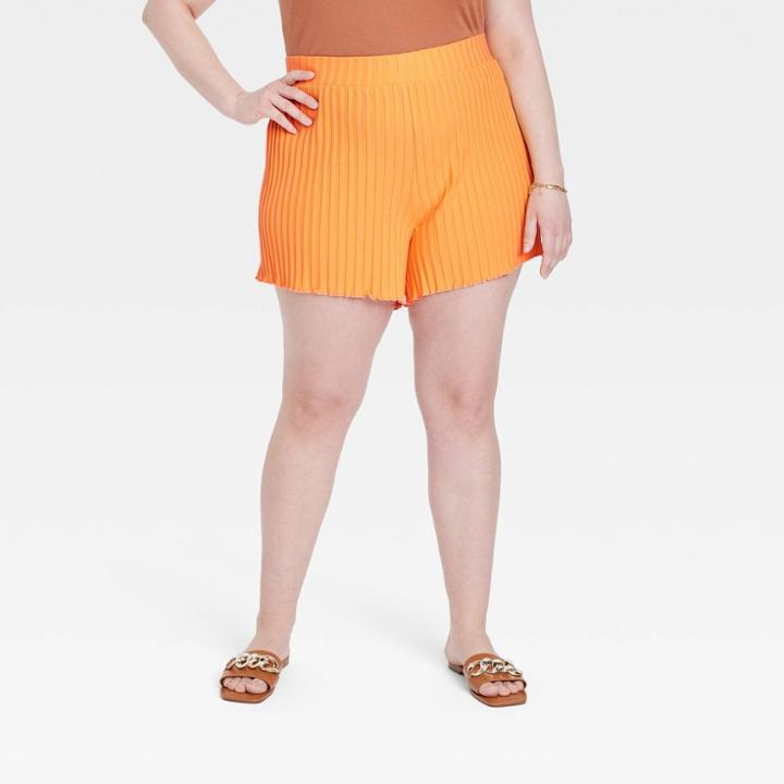 Women's Plus Size High-rise Ribbed Shorts - A New Day Orange
