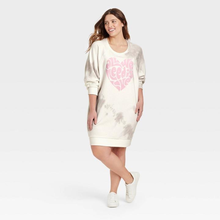 Grayson Threads Women's Plus Size Valentine's Day All We Need Is Love Graphic Sweatshirt Dress - White