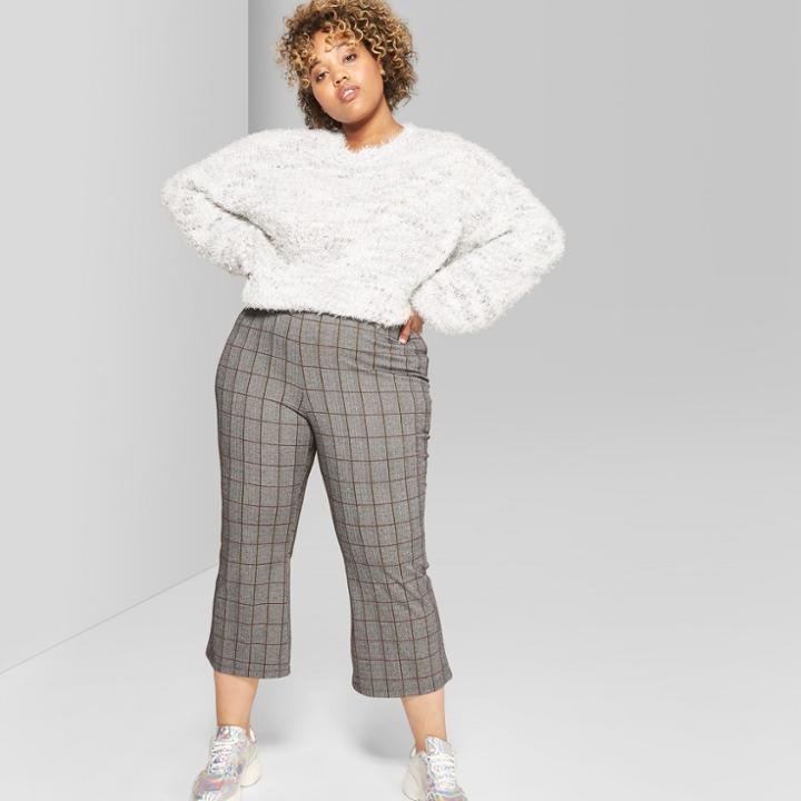 Women's Plus Size Plaid Cropped Kick Flare Borrowed Pants - Wild Fable Black