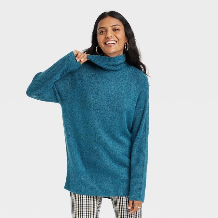 Women's Mock Turtleneck Tunic Sweater - A New Day Teal Blue
