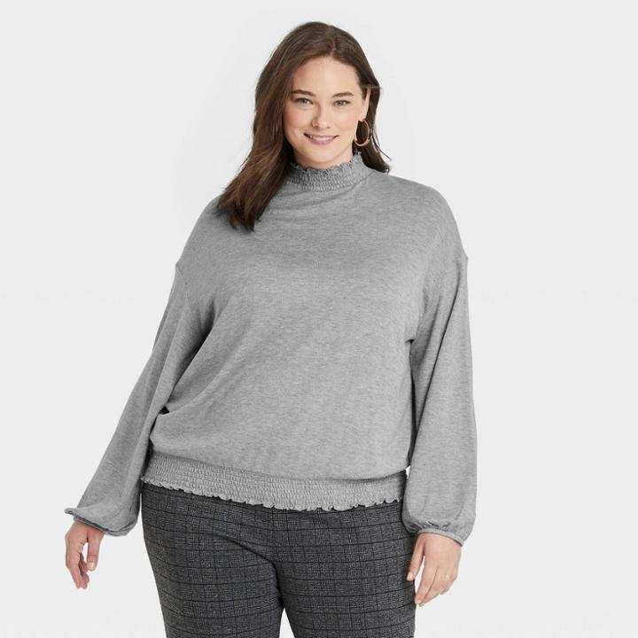 Women's Long Sleeve High Neck Smocked T-shirt - A New Day