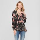 Women's Floral Print Long Sleeve Ruched Top - Knox Rose Black