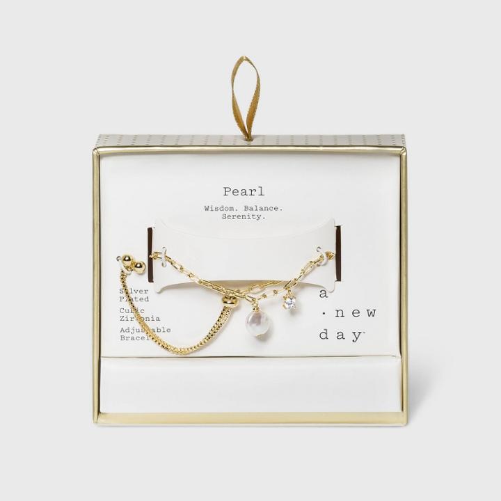 Silver Plated Pearl Coin And Cubic Zirconia Paperclip Link Bracelet - A New Day White