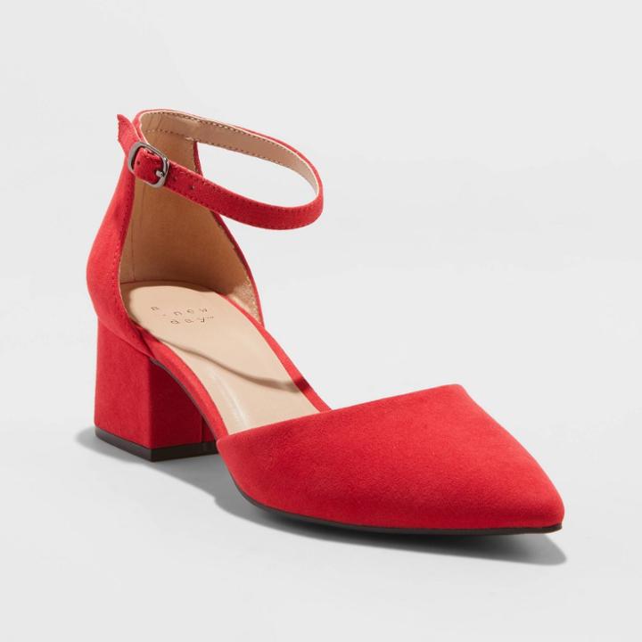 Women's Natalia Microsuede Ankle Strap Low Block Heeled Pumps - A New Day Red