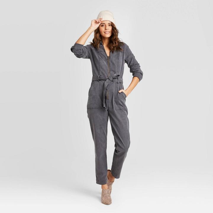 Women's Long Sleeve V-neck Cropped Boilersuit - Universal Thread Gray