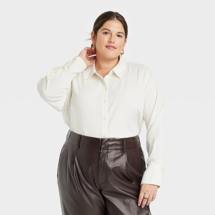 Women's Plus Size Long Sleeve Satin Button-down Shirt - A New Day White