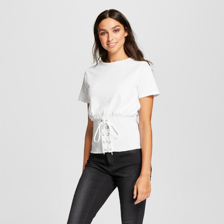Women's Short Sleeve Lace-up Ruched Corset Blouse - Alison Andrews White