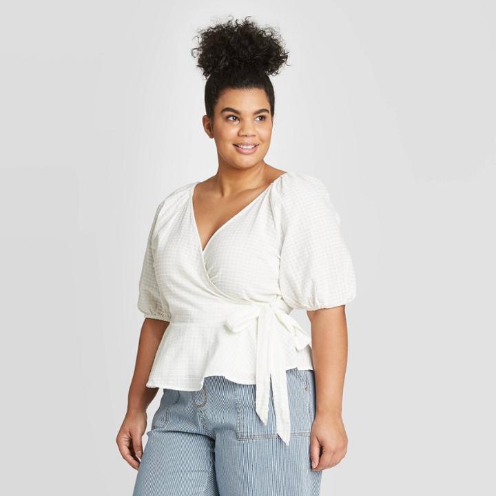 Women's Plus Size Elbow Sleeve Wrap Top - Universal Thread White 1x, Women's, Size: