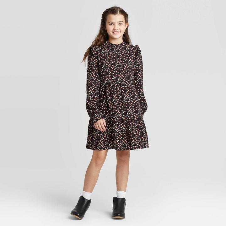 Girls' Long Sleeve Ruffle Tier Woven Dress - Art Class Black