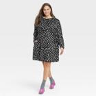 Women's Plus Size Long Sleeve Belted A-line Dress - A New Day Black Polka Dots