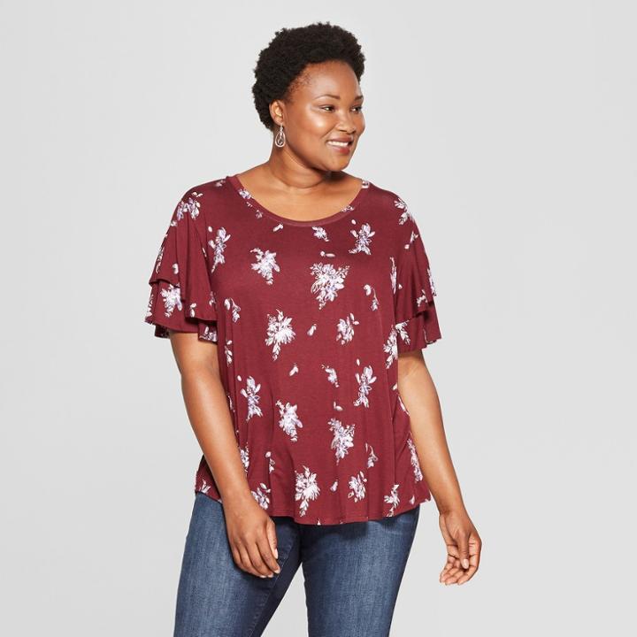 Women's Plus Size Floral Print Short Flutter Sleeve Top - Ava & Viv Burgundy
