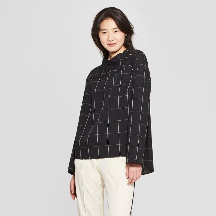 Women's Plus Size Plaid Long Sleeve Shoulder Button Popover Blouse - Who What Wear Black