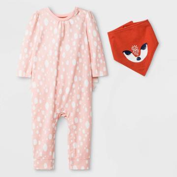 Baby Girls' Long Sleeve Romper With Bib - Cat & Jack Peach Newborn, Girl's, Pink