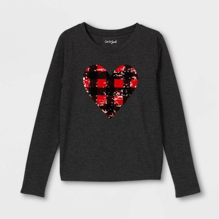 Girls' Long Sleeve 'buffalo Plaid Heart' Flip Sequin T-shirt - Cat & Jack Black