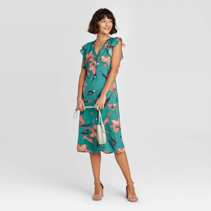 Women's Floral Print Short Sleeve Button-front Dress - A New Day Blue