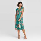 Women's Floral Print Short Sleeve Button-front Dress - A New Day Blue