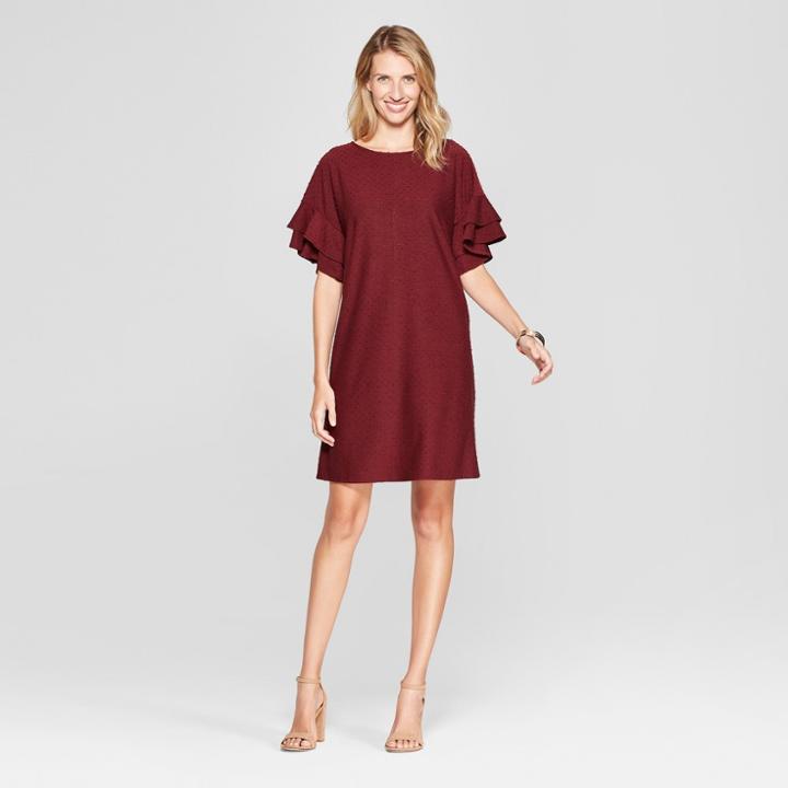 Women's Ruffle Sleeve Clipspot Swing Dress - Spenser Jeremy - Burgundy