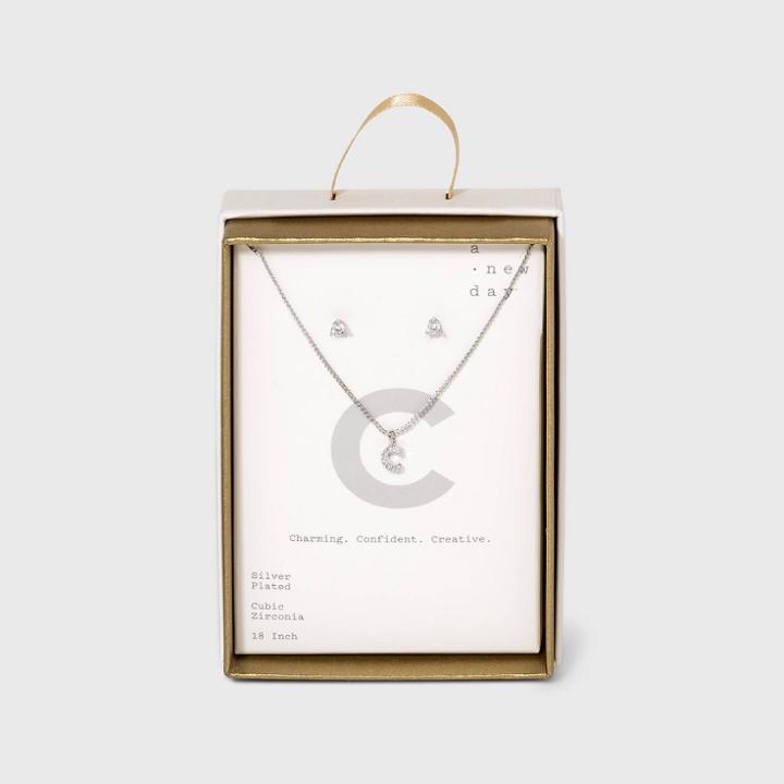 Silver Plated Cubic Zirconia Pave Initial Pendant Necklace And Earring Set - A New Day Initial C