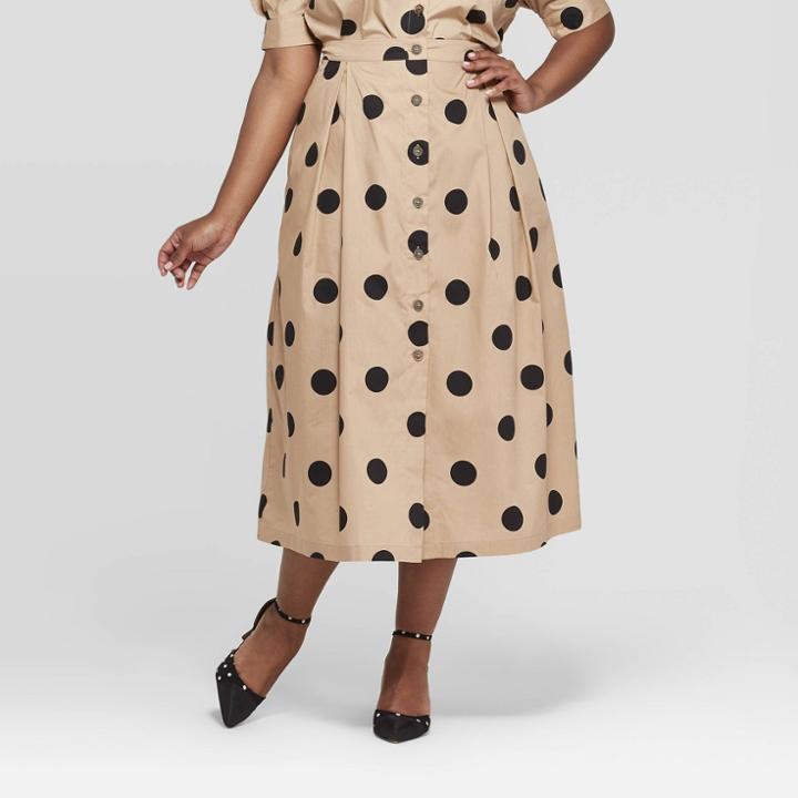 Women's Plus Size Polka Dot Button Front A-line Midi Skirt - Who What Wear Khaki/black (green/black)