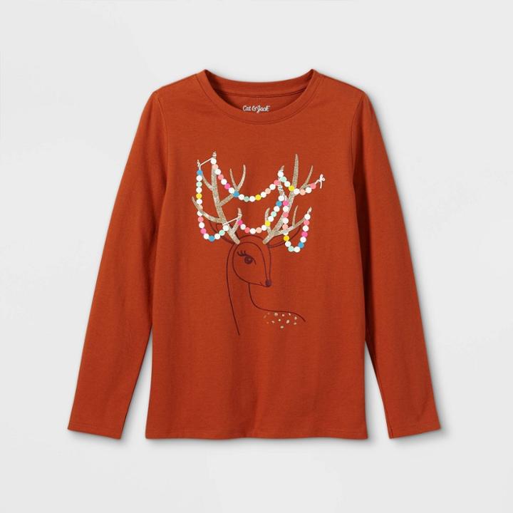 Girls' 'festive Deer' Long Sleeve Graphic T-shirt - Cat & Jack Dark Orange