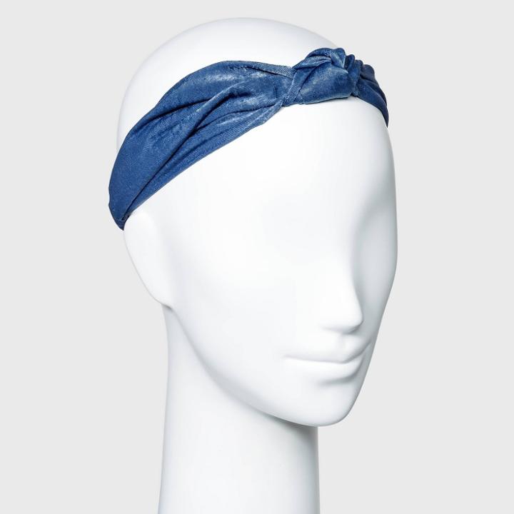 Solid Hammered Satin With Front Knot And Elastic Back Headwrap - A New Day Blue