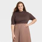 Women's Plus Size Elbow Sleeve Mock Turtleneck T-shirt - A New Day Brown