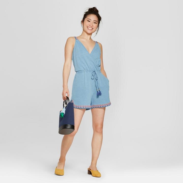 Women's Embroidered Knit Romper - Spenser Jeremy - Blue