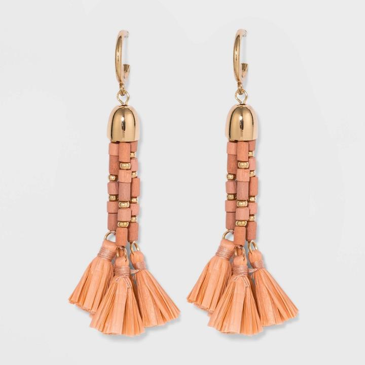 Wooden Beaded And Raffia Tassel Drop Earrings - A New Day Pale Peach, Pale Pink
