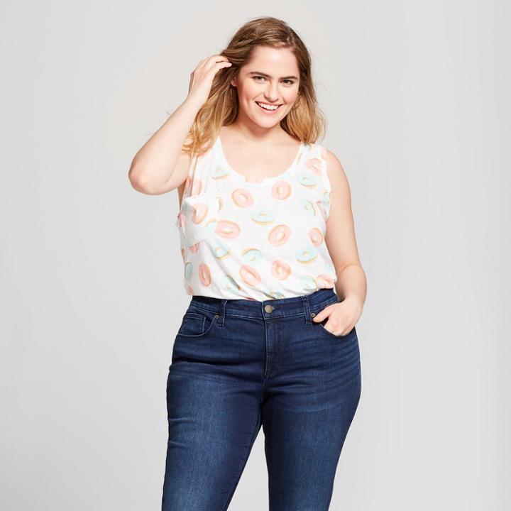 Women's Plus Size Donut Print Drapey Pocket Tank Top - Grayson Threads (juniors') White