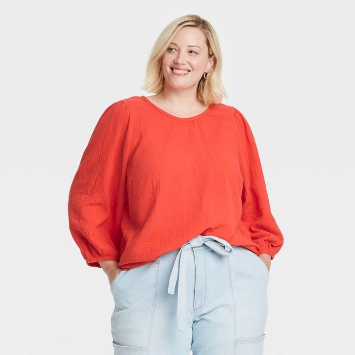 Women's Plus Size Balloon 3/4 Sleeve Gauze Blouse - Universal Thread Red