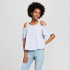 Women's Striped Short Sleeve Cold Shoulder Chambray Top - Le Kate (juniors') - Blue