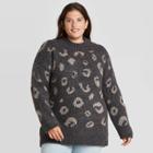 Women's Plus Size Leopard Print Mock Turtleneck Tunic Pullover Sweater - Universal Thread Gray