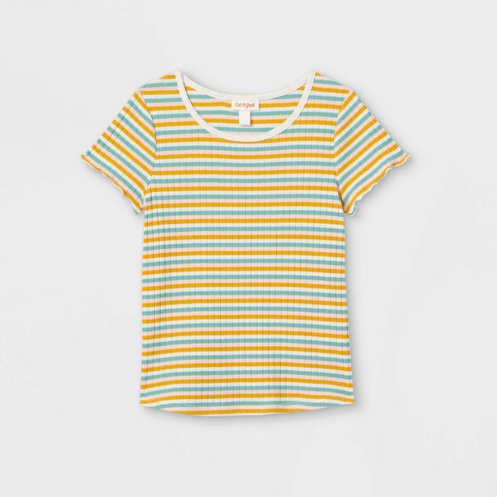 Girls' Rib-knit Printed Short Sleeve Top - Cat & Jack Light Mustard Yellow/cream