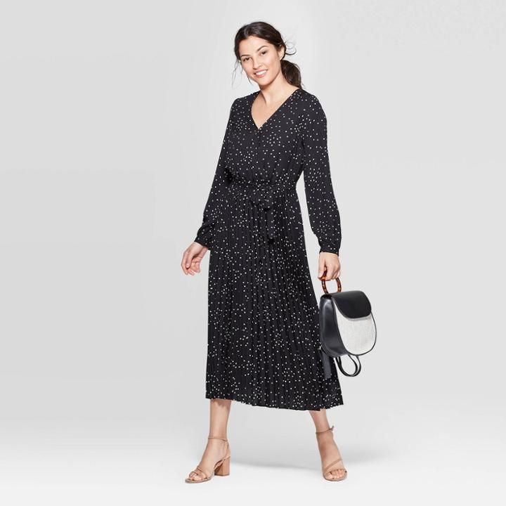 Women's Polka Dot Long Sleeve V-neck Midi Pleated Wrap Dress - A New Day Black/white