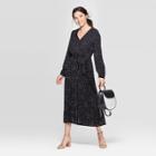 Women's Polka Dot Long Sleeve V-neck Midi Pleated Wrap Dress - A New Day Black/white