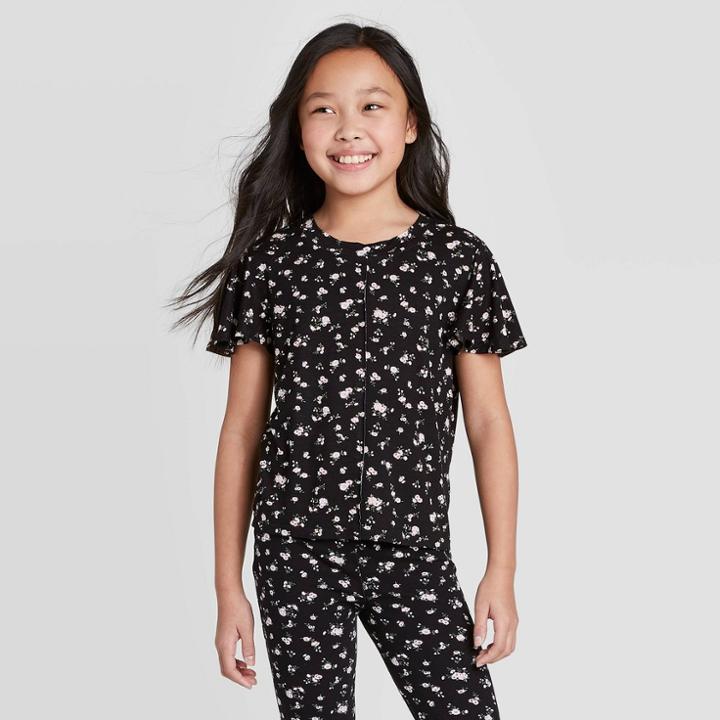 Petitegirls' Short Sleeve Floral Knit T-shirt - Art Class Black