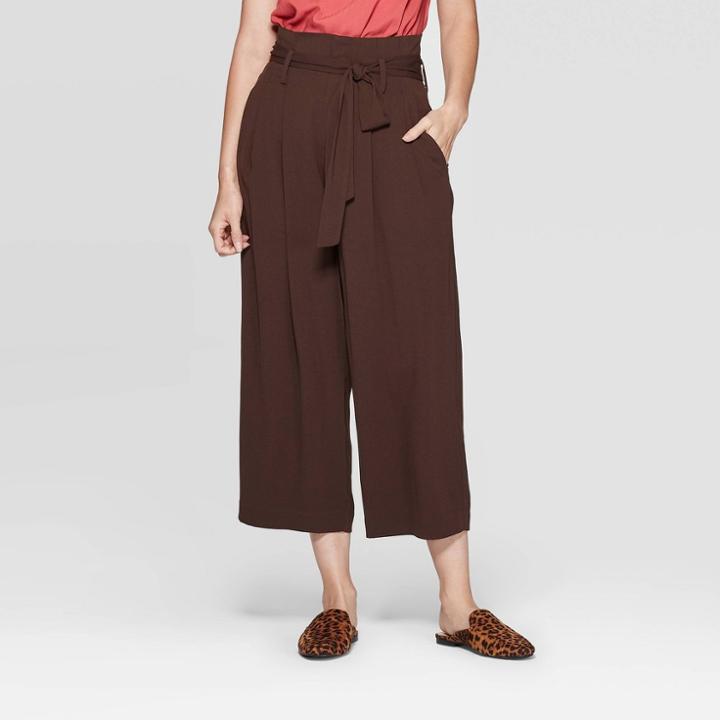 Women's Mid-rise Wide Leg Paperbag Crop Pants - A New Day Brown
