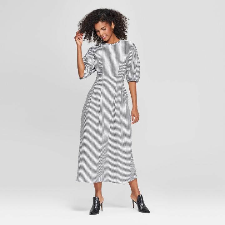 Women's Striped Puff Sleeve Midi Dress - Who What Wear Black/white S, Black/white