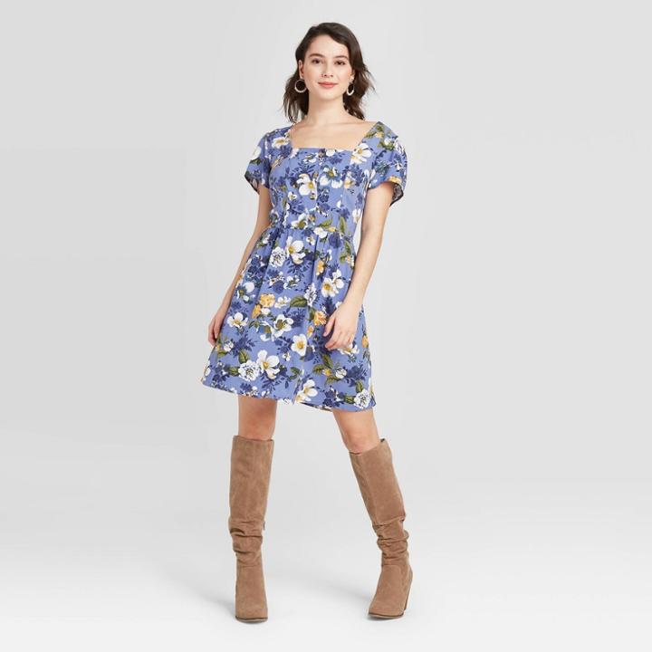 Women's Floral Print Short Sleeve Button-front Mini Dress - Xhilaration Blue