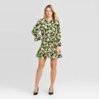 Women's Floral Print Long Sleeve Round Neck Ruffle Detail Mini Dress - Who What Wear Green