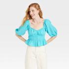 Women's Puff Elbow Sleeve Linen Shirt - A New Day Blue
