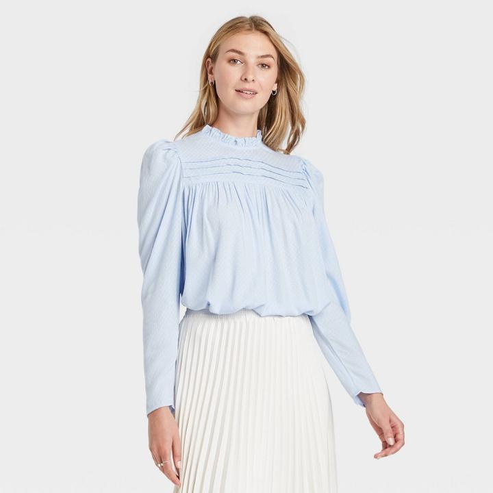 Women's Long Sleeve Pintuck Top - A New Day Blue